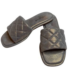 J/SLIDES NYC Women's Quilted Metallic Pewter Leather Slides - Size 6.5 M